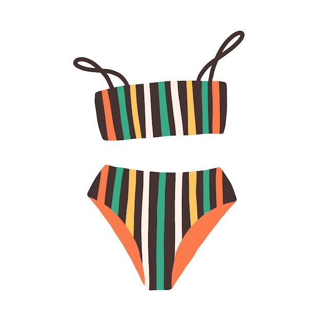 Bright stylish female swimsuit with high-waste panties and wireless bra. Fashionable striped swimwear. Retro bikini top and bottom. Flat colorful vector illustration isolated on white background.