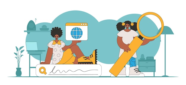 a bright and stylish illustration of a girl and a guy looking for information modern character style