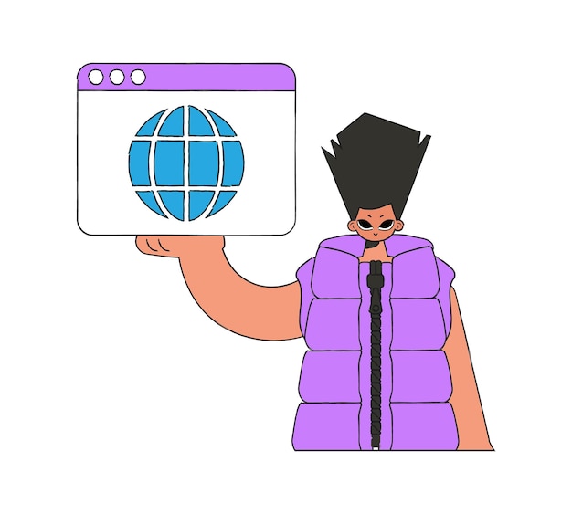 Vector a bright and stylish illustration of a man holding a browser window in his hands material for educational content