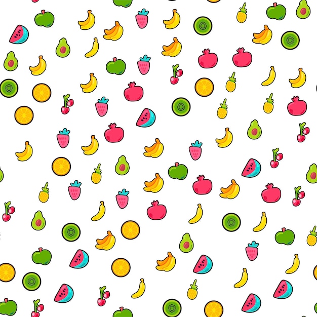 Vettore modello senza cuciture dipinto frutta succosa di estate luminosa. divertente stile bambino ripetere lo sfondo. stampa tropicale con sfondo bianco. carta da parati colorata della natura. illustrazione di vettore del fumetto piatto