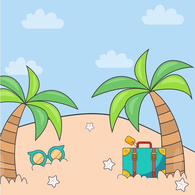 Яркий летний пейзаж с пальмами, чемоданом и солнцезащитными очками Векторная иллюстрация