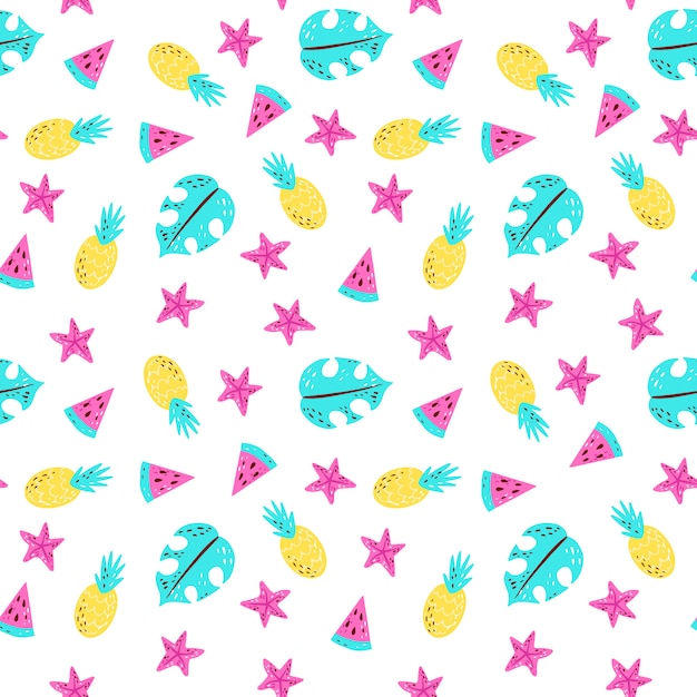 Vector bright summer pattern with watermelon, pineapple, monstera, starfish.