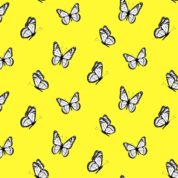 Bright summer seamless pattern with butterflies on yellow background. Design for wrapping paper, fab