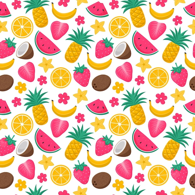 Bright summer seamless pattern with exotic tropical fruits berries and flowers coconut pineapple watermelon strawberry vector illustrations in a flat cartoon style on a white background