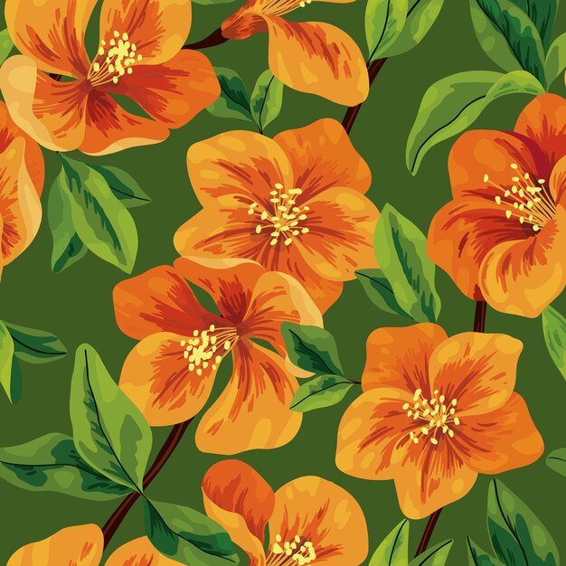 オレンジ色の花とジューシーな花柄の明るい夏のシームレスなパターン枝の葉の間の花のつぼみ密な構成緑の背景ベクトル