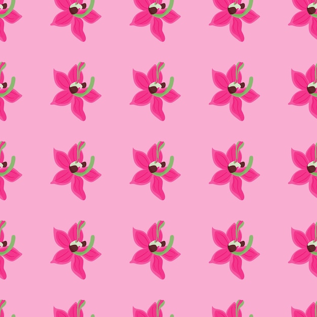 Bright summer seamless pattern with pink orchid flowers elements.