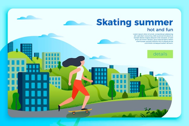 bright summer skating banner template with girl on a skate. city and green hills