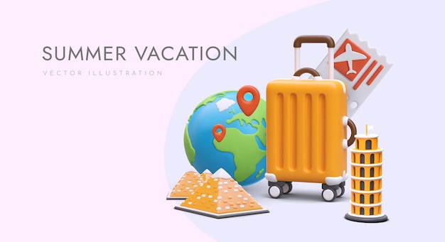 Bright summer vacation Trips to places of interest Visiting different countries Excursions to world monuments Booking tickets online Banner for advertising tourist services Ticket sales site