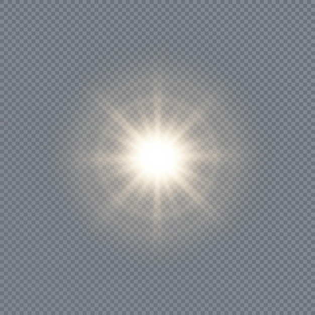 Il sole splendente risplende con raggi caldi, illustrazione vettoriale stella d'oro bagliore su sfondo trasparente.