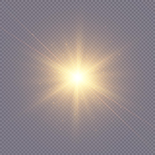 Bright sun shines with warm rays, vector illustration Glow gold star on a transparent background.