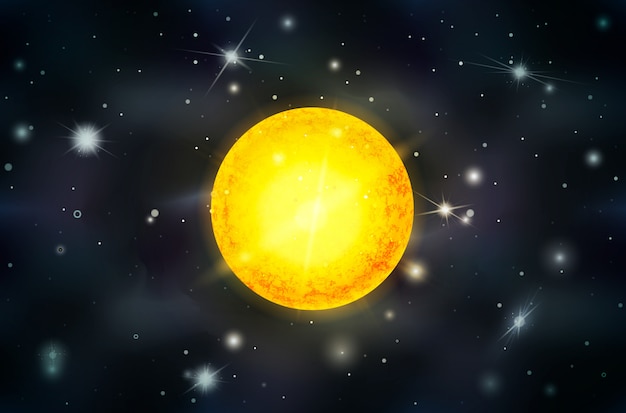Вектор Яркая солнечная звезда со световыми лучами на фоне глубокого космоса с яркими звездами и созвездиями