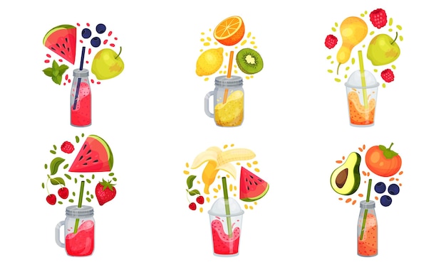 Bright sweet smoothies in jars with straw sticked out from it and floating around ingredients vector