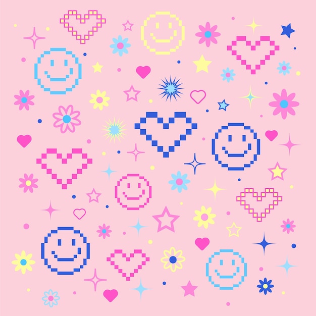 bright symbols in the style of the 2000s emoticons, hearts, stars