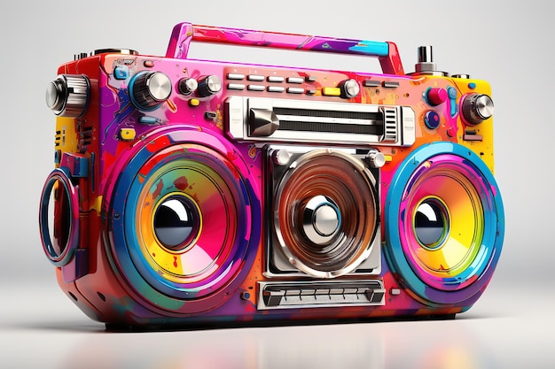 Bright tape recorder with elements of colorful neon for your design Vector illustration