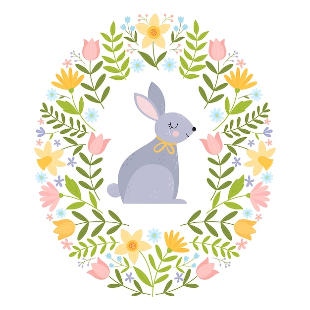 Bright template with rabbit and spring flowers vector illustration isolated on white background