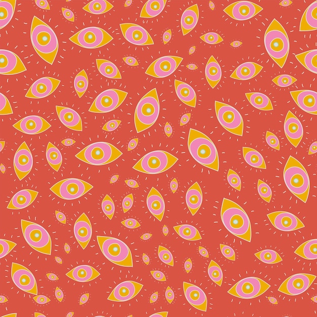 Bright themed vector seamless pattern of chaotically scattered eyes