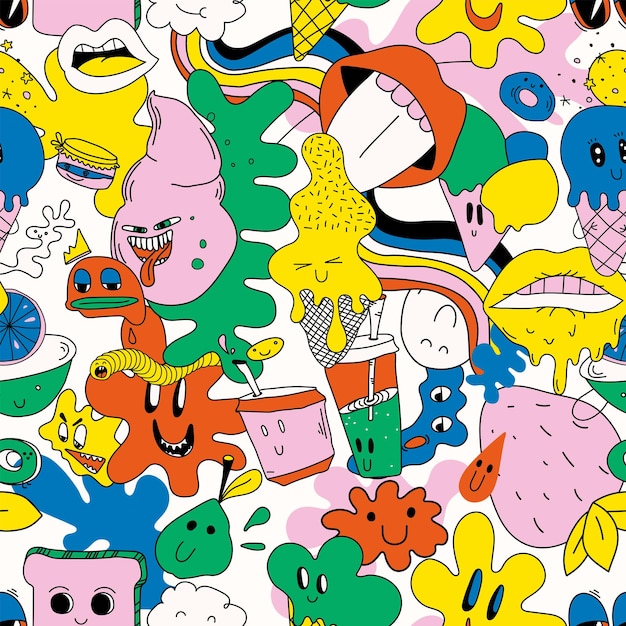 Vector bright themed vector seamless pattern of hilarious abstract characters