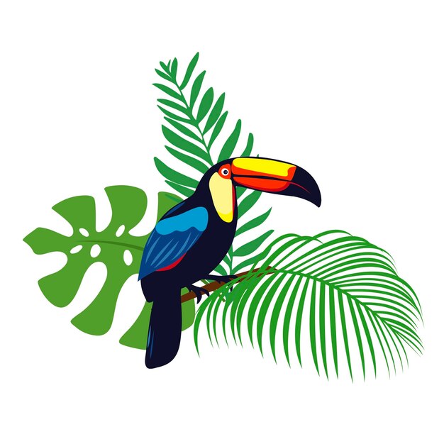 Bright toucan with leaves