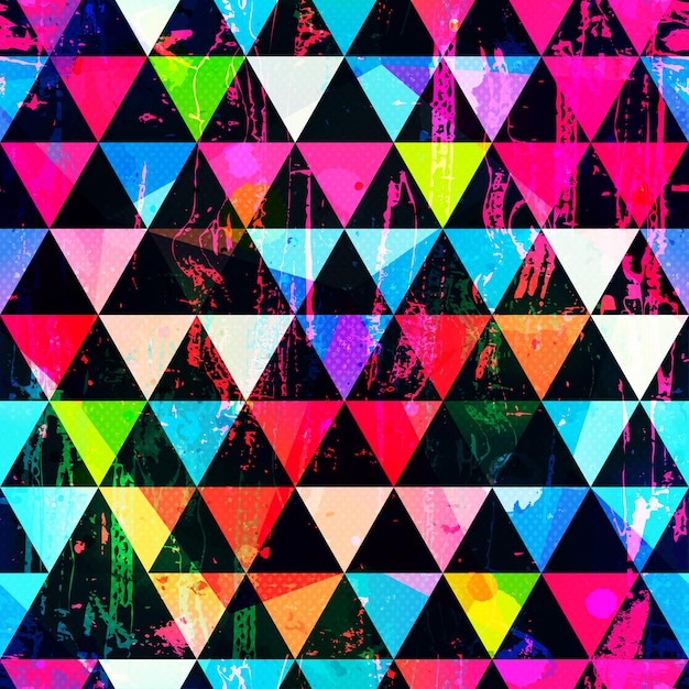 Vector bright triangles with grunge effect seamless pattern