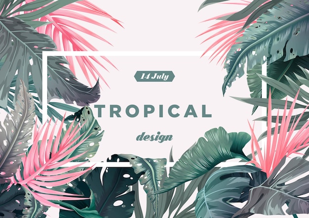 Bright tropical background with jungle plants exotic pattern with palm leaves vector illustration