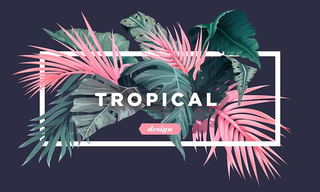 ジャングル植物と明るい熱帯の背景ヤシの葉とエキゾチックなパターンベクトル図