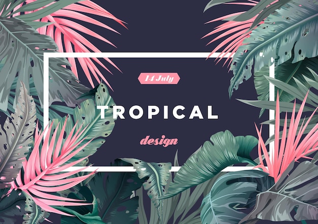 Vettore sfondo tropicale luminoso con piante della giungla. motivo esotico con foglie di palma. illustrazione vettoriale