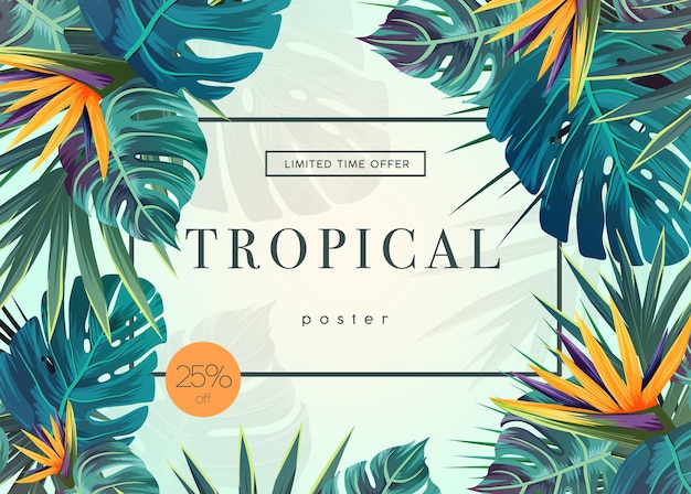 Bright tropical background with jungle plants. Exotic pattern with tropical leaves