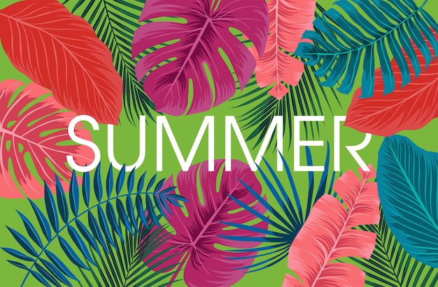 Bright tropical background with jungle plants. Vector exotic pattern with palm leaves with the inscription summer.