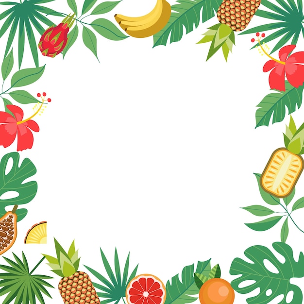 Vettore sfondo tropicale luminoso con foglie di palma tropicali ananas e fiori tropicali illustrazione vettoriale con uno spazio vuoto per il testo