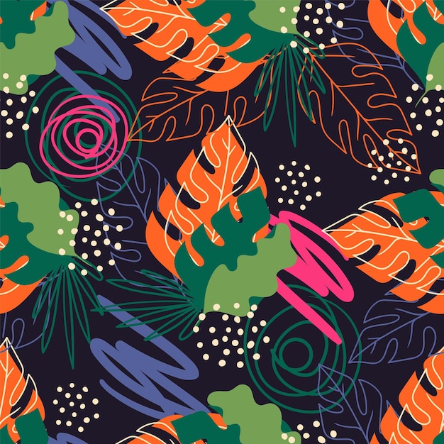 Bright tropical leaves with lines summer seamless pattern