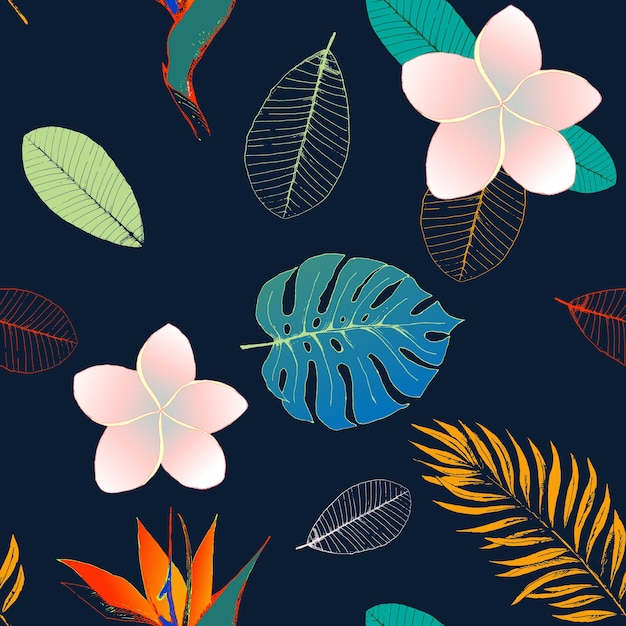 Modello senza cuciture tropicale luminoso su sfondo blu scuro. modello di tendenza esotico con accenti ricchi. foglie di monstera, fiori di frangipani. eps8 illustrazione vettoriale