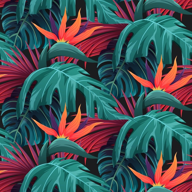 Bright tropical seamless pattern with jungle plants Exotic background with tropical leaves Vector