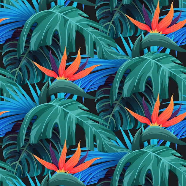 Bright tropical seamless pattern with jungle plants exotic background with tropical leaves vector