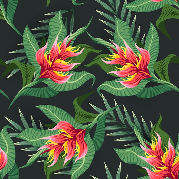 Bright tropical seamless pattern with jungle plants Exotic background with tropical leaves Vector