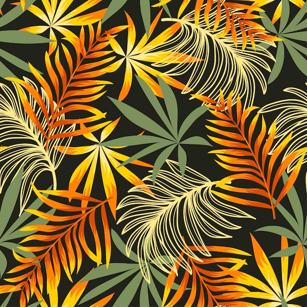 Bright tropical seamless pattern with trendy tropical plants and leaves on a black background