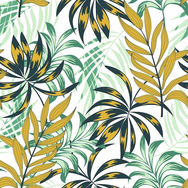 Bright tropical seamless pattern with trendy tropical plants and leaves on a pastel background