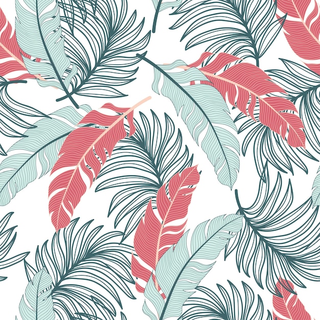 Bright tropical seamless pattern with trendy tropical plants and leaves on a white background