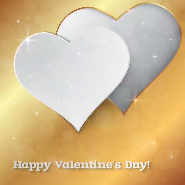 Bright valentine`s day vector background. sparkling paper hearts on bokeh background. greeting card design