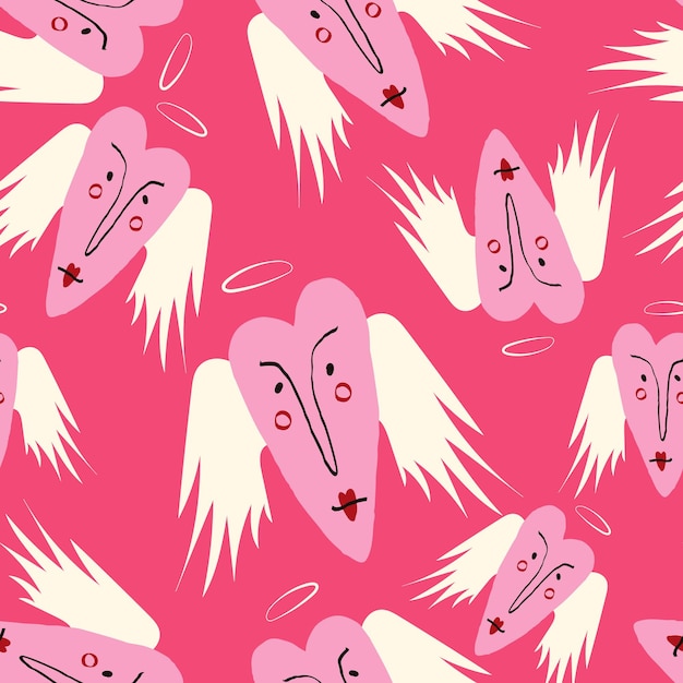 Bright Valentines Day seamless pattern with cool angels hearts