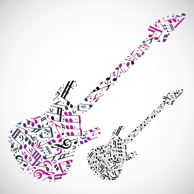 Bright vector bass guitar filled with musical notes light decorative musical instrument isolated on white background