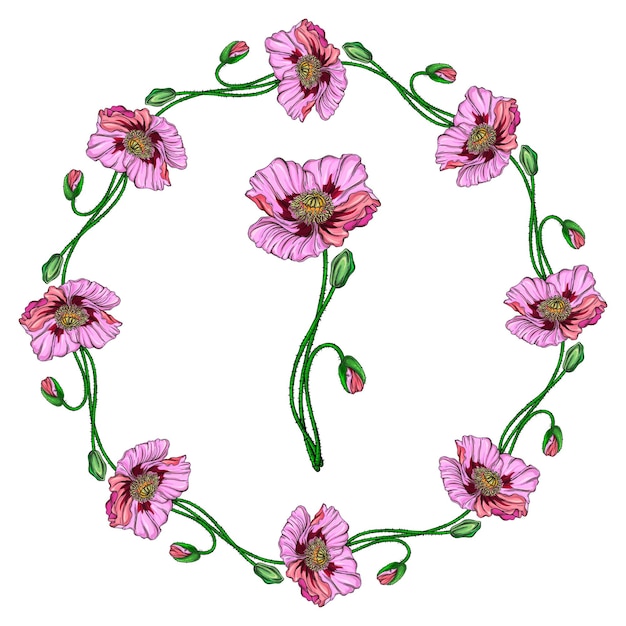 Bright vector flowers pink poppies Wreath with poppy flowers