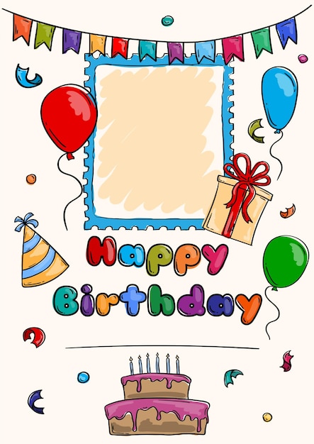 Bright vector hand drawn happy birthday card with photo and text