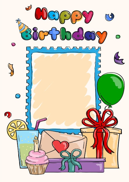 Bright vector hand drawn happy birthday card with photo and text