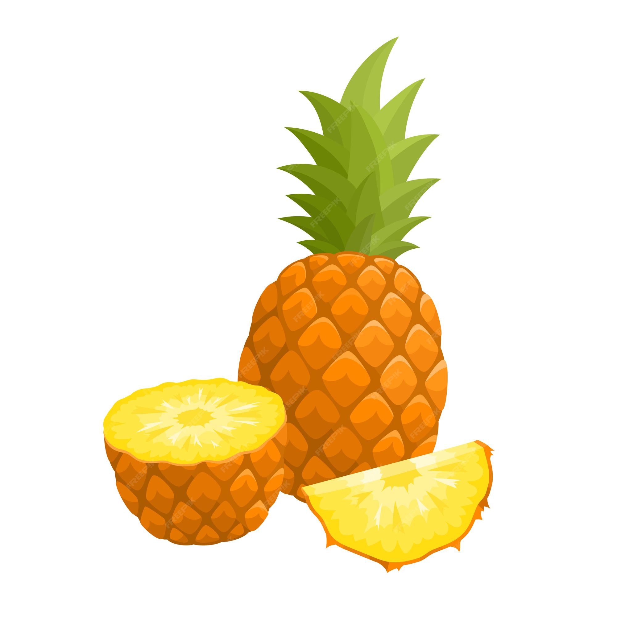 Premium Vector | Bright vector illustration of colorful half, slice and whole of pineapple. fresh cartoon exotic fruit isolated on white background. Premium Vector | Bright vector illustration of colorful half, slice and whole of pineapple. fresh cartoon exotic fruit isolated on white background.