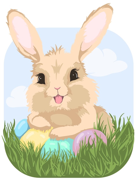 Vettore illustrazione vettoriale luminosa per la carta di pasqua con un coniglietto sorridente seduto nell'erba e le uova