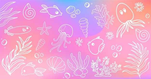 Bright vector illustration with sea inhabitants fish starfish shells algae corals octopus