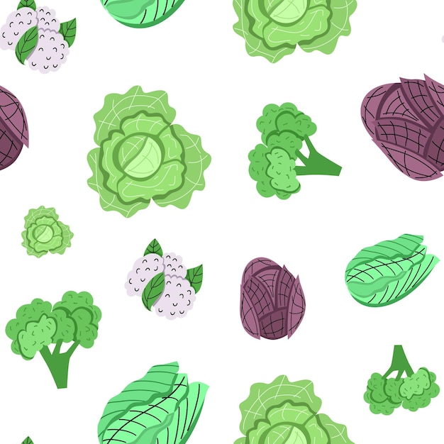 Bright vector seamless pattern of different types of cabbage