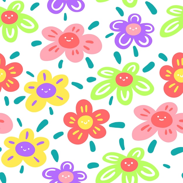 Bright vector seamless pattern with funny flowers