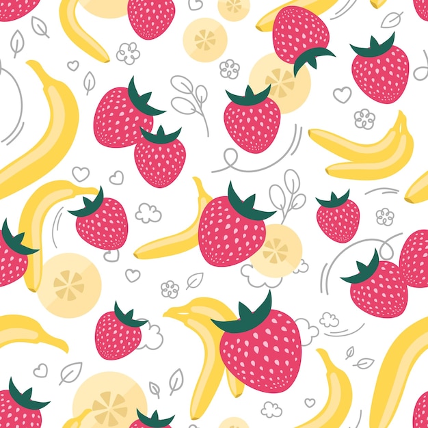 Bright vector seamless pattern with many flat red strawberries, whole bananas, round slices.