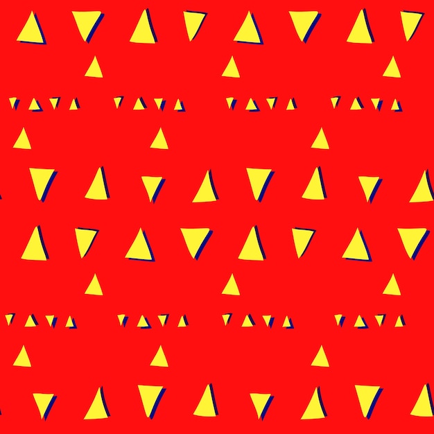 벡터 빨간색 배경에 노란색 결함 삼각형이 있는 밝은 벡터 매끄러운 패턴 직물 포장지 표지 표면 벽지에 대한 대비 패션 질감